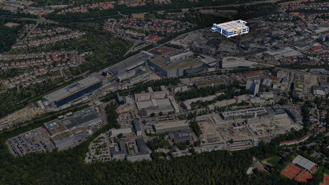 Das Porsche-Werk in Stuttgart/Zuffenhausen: Im markierten Bereich steht nun die neue Taycan-Fabrik. Der komplette Werkplan existiert außerdem digital in Autodesk 3ds Max. Credit: Porsche AG